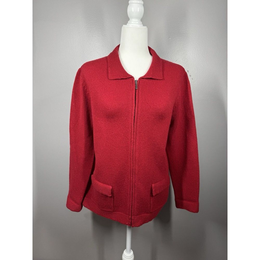 Lands End Lambswool ZIP SWEATER jacket Collared Cardigan Pockets‎ Red M 10/12